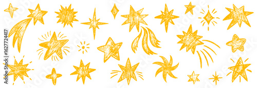 Gold crayon drawn stars set. Set of doodle sparks and sparkles. Hand drawn star firework, magic blinking stars, charcoal cosmic motif, texture. Vector children style yellow wax pencil elements.