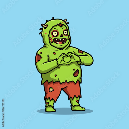 A cartoon-style green zombie with red eyes and a toothy grin forms a heart shape with its hands, wearing torn red shorts and standing against a solid light blue background. Equal parts creepy and cute