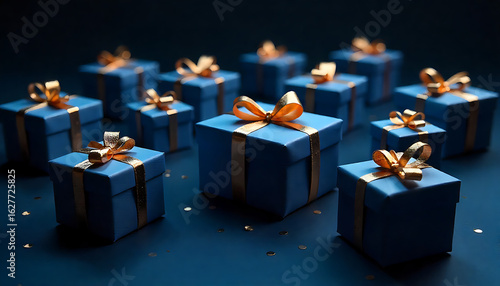 Multiple dark blue gift boxes with gold ribbons arranged on a dark background, each box emitting a soft glow, captured in crisp 4K and HD.