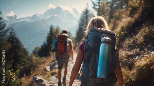 Tourists hiking along scenic mountain trail reusable water bottle eco friendly backpack promoting responsible travel green tourism practice remote highland region custom mountain background human eye