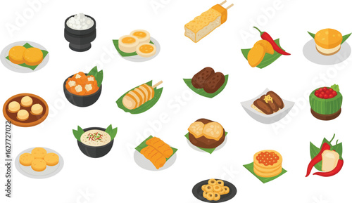 A diverse collection of traditional Asian snacks and desserts, featuring various rice cakes, sweet treats, and savory bites, elegantly arranged on plates, bowls, and banana leaves.