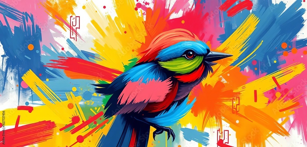 Fototapeta premium Abstract colorful bird, vibrant brushstrokes, whimsical design, whimsical, colorful