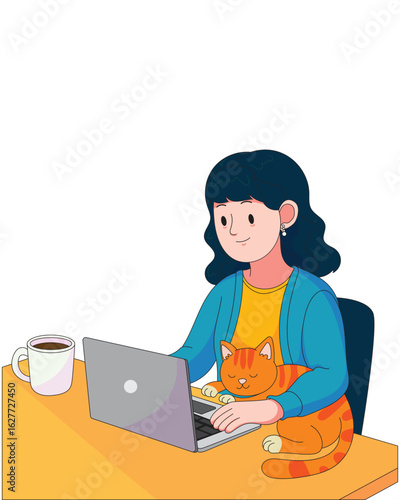 A girl works remotely from home using a laptop at a desk with her orange cat sleeping on her lap. She enjoys coffee in a cozy, calm workspace in a flat cute cartoon style.