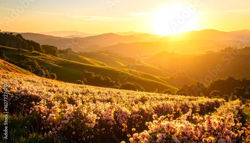 Wallpaper Mural Field of Flowers on Rolling Hills at Sunset with Golden Light Torontodigital.ca