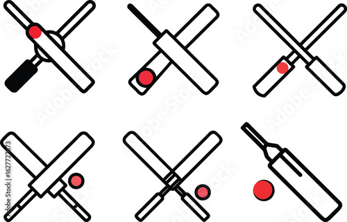 Crossed cricket bats and balls sport equipment icons set