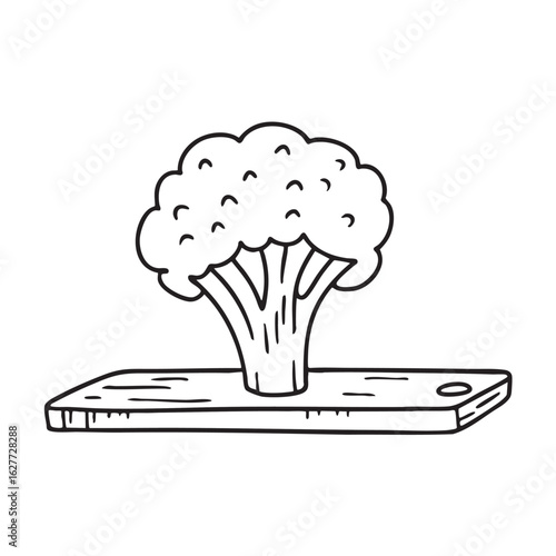 Doodle illustration of a broccoli head resting on a wooden chopping board