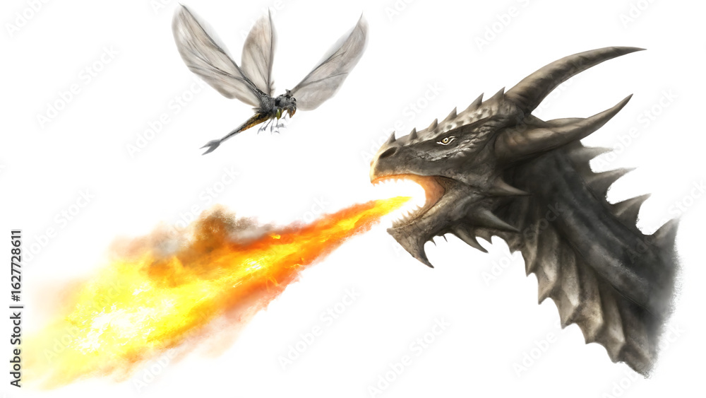 Fototapeta premium dragon fly and breathe fire isolated on white background, png, ai generated.