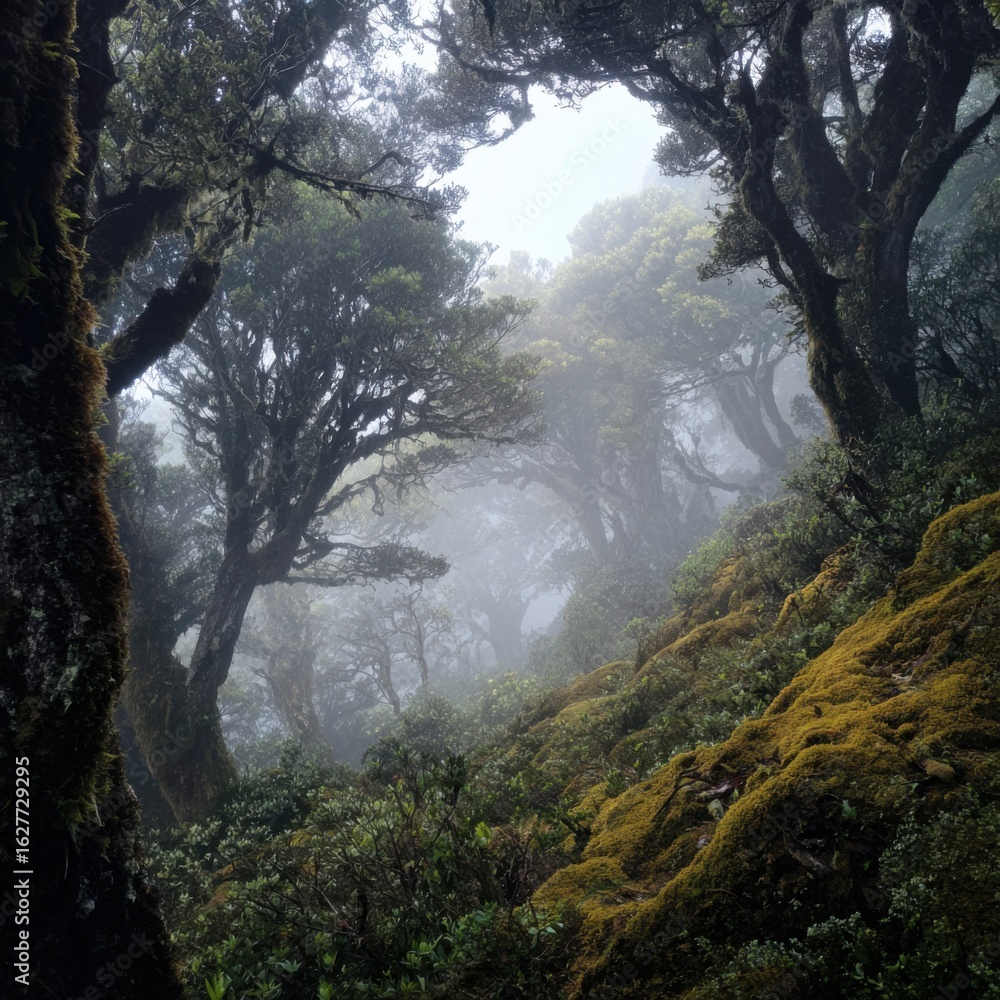 Obraz premium Lush mossy forest with ethereal mist creating a serene atmosphere.