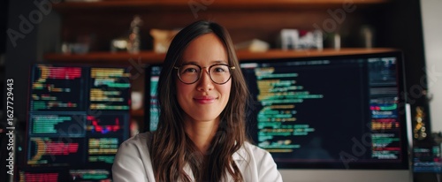 The confident programmer in a modern workspace with coding displays