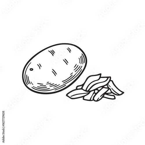 Doodle illustration of a potato placed beside a pile of peeled skins