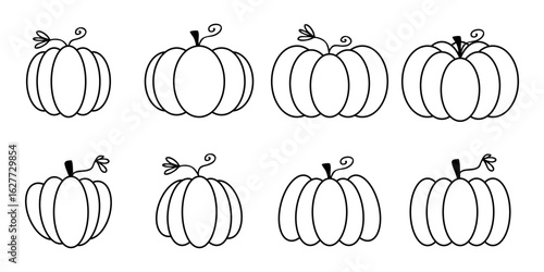 Simple doodle style pumpkin collection. Autumn design for logo, card, poster, label, sale, stickers. Hand drawn vector illustration.