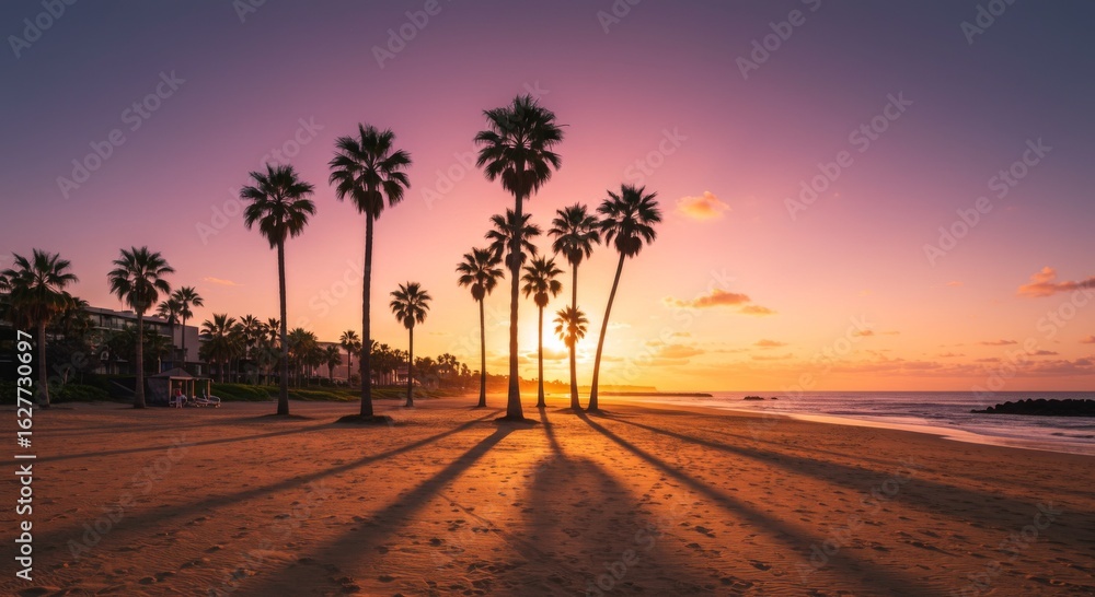 Obraz premium Silhouetted Palm Trees at Sunset on a Tropical Beach