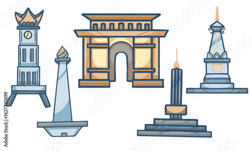 World Landmark Vector Icon Set Landmark vector pack featuring famous global monuments like Arc de Triomphe, Monas, and Tugu Jogja.