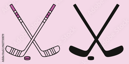 hockey sticks with puck on pink background, sports illustration
