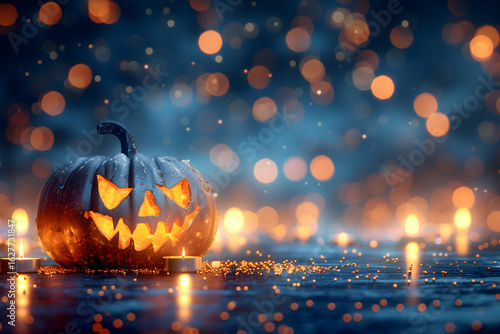Spooky pumpkin lantern illuminated against starry night background