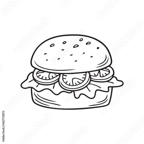 Doodle illustration of a plant-based burger with lettuce and tomato