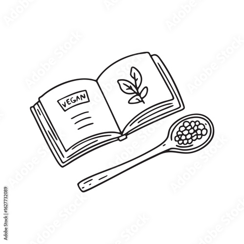 Doodle illustration of a vegan cookbook opened beside a wooden spoon