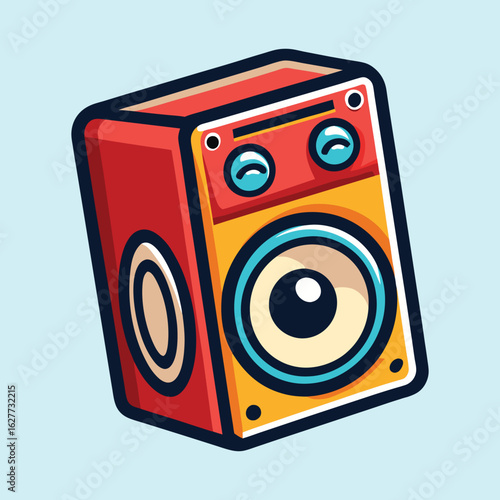 Cartoon Speaker in Red and Yellow with Blue Accents on Light Blue