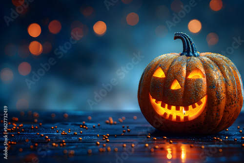 Halloween pumpkin with mystical glow and sparkling background