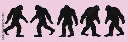Bigfoot silhouettes on pink, mythical creature walking in different poses