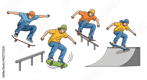 An energetic vector illustration depicts multiple young male skateboarders performing dynamic tricks like ollies, grinds, and ramp riding.