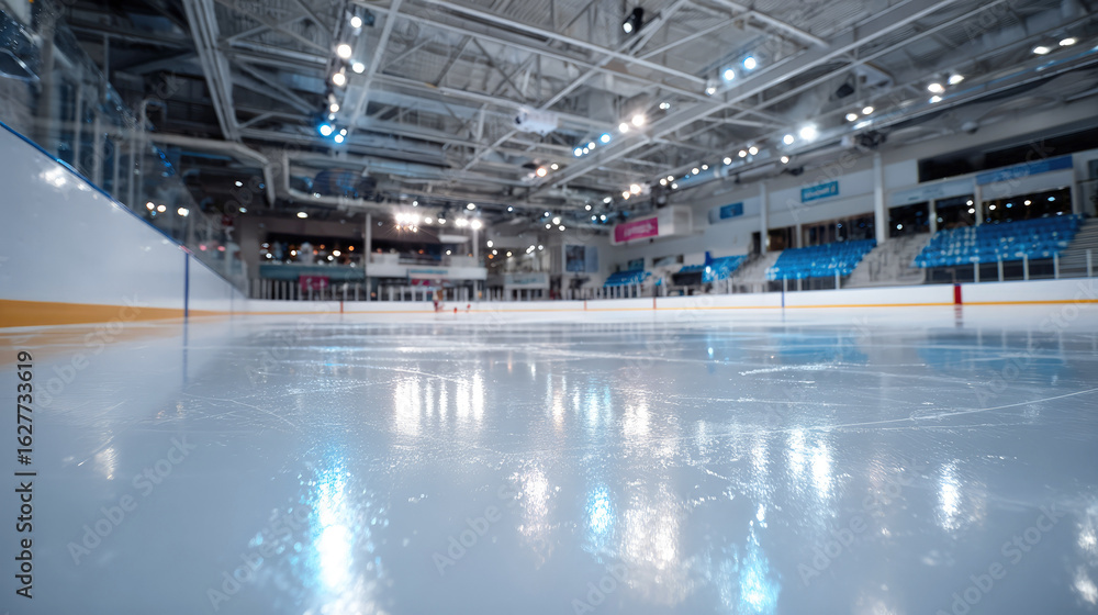 Fototapeta premium Empty indoor ice hockey rink with clear polished surface and bright arena lights, viewed from low angle emphasizing reflections and spaciousness of the venue. Selective focus.