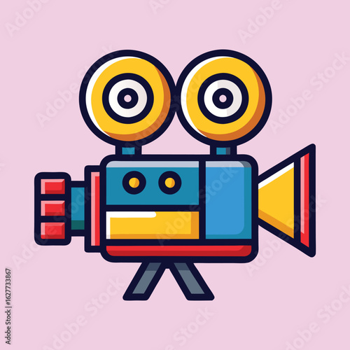 Retro movie camera icon with colorful design on a light pink background