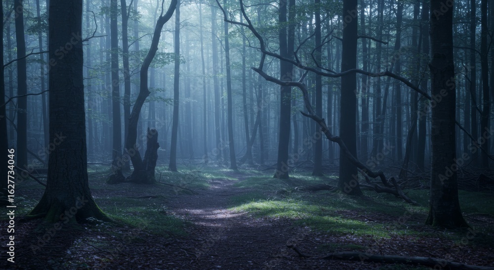 Fototapeta premium Moody Blue Forest Path with Misty Sunlight