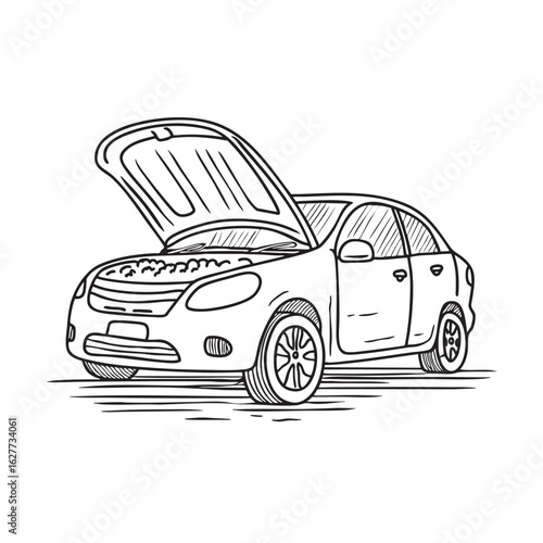 Doodle illustration of a vehicle with its hood open showing the engine