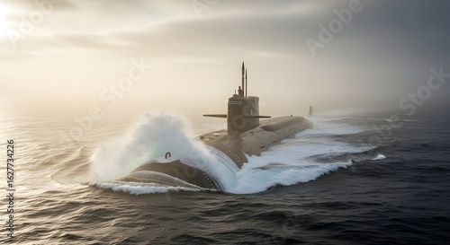 Telephoto Ohio Class SSBN Emerging from Mist with Morning Light and Waves