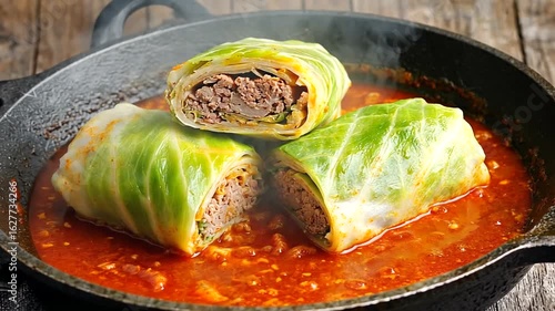 Savory cabbage rolls filled with seasoned meat simmering in a rich tomato sauce on a rustic wooden table