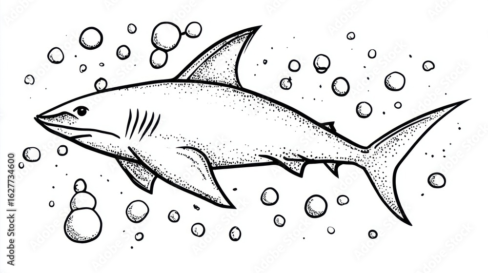 Fototapeta premium Shark in bubbles, line art