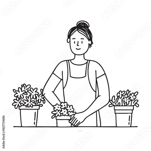 Doodle illustration of a vendor placing flowers in display buckets