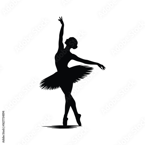 Elegant black silhouette of a ballerina in a tutu performing a graceful pose