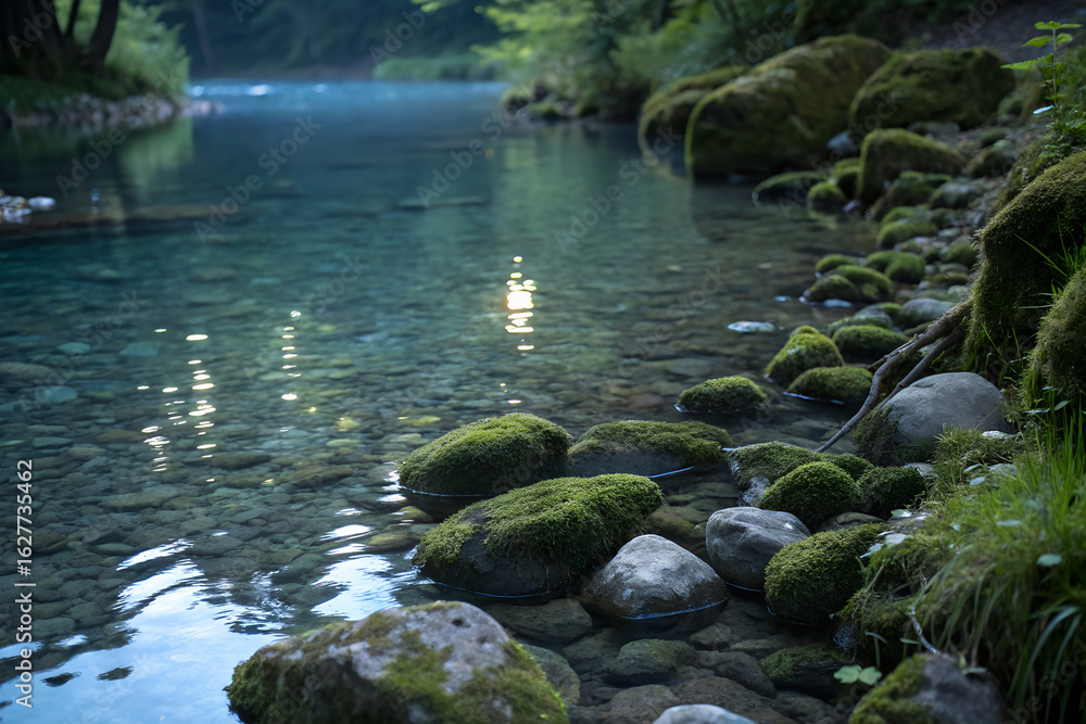 Fototapeta premium Crystal Clear River with Moss Covered Rocks water transparent