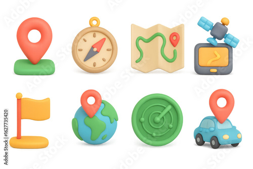 3d navigation and travel icons set featuring gps and map elements