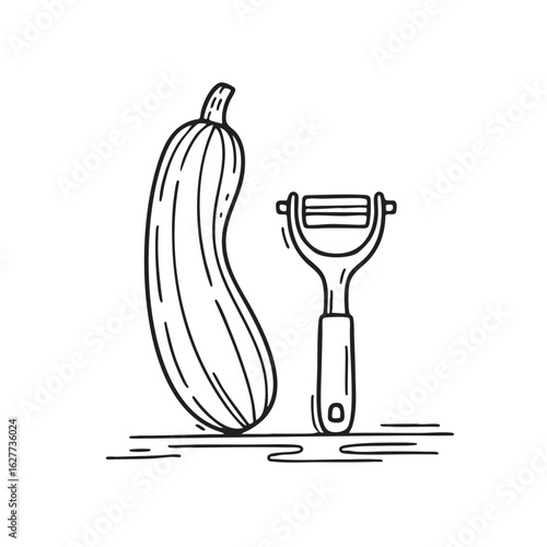 Doodle illustration of a zucchini lying next to a vegetable peeler
