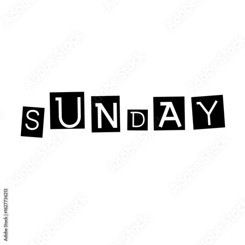Design a striking typographic collage spelling out “SUNDAY” with each letter placed in its own square tile.