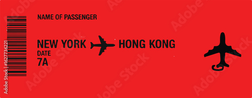 Red boarding pass reading "New York - Hong Kong"