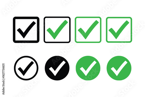 Collection of green check marks in squares and circles, isolated on white background