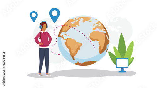 Illustration of a woman with headphones standing near a globe with location pins and a monitor screen