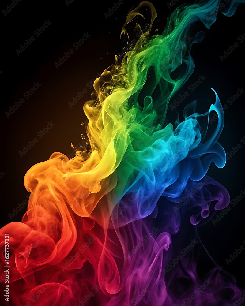 Obraz premium Rainbow-colored smoke swirling upward on black background, dreamy neon vapor trail with magical lighting effect