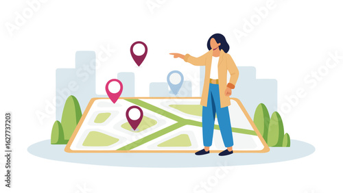 A woman pointing on a map with location pins in front of buildings and trees in a vector illustration