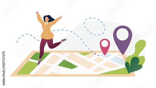 Happy woman jumping on map with location pins and dotted route indicating travel journey planning success