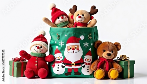 A collection of festive plush toys including a snowman, reindeer, and teddy bear, arranged around a green Christmas bag with Santa Claus design and gift boxes.