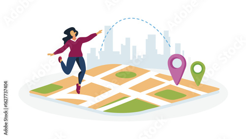Woman jumping on a map with city skyline and location pins indicating destinations and travel routes