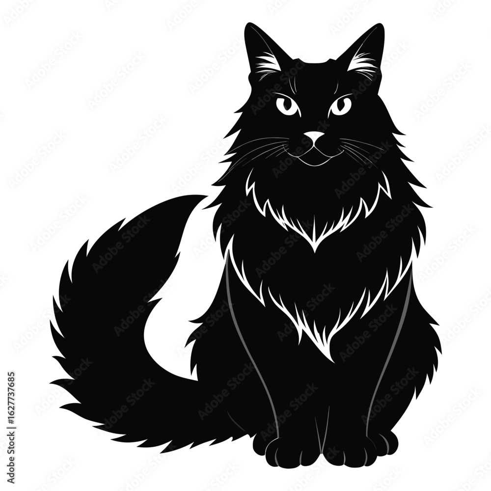 Fototapeta premium Stylized black cat sitting with fluffy fur and tail