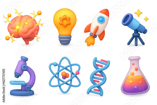 Colorful 3d educational science icons set for creative projects