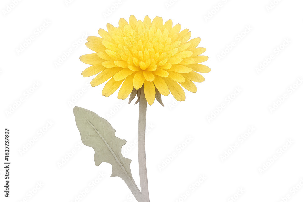 Naklejka premium Delicate dandelion illustration featuring bright yellow petals, slender green stem, resting against transparent background
