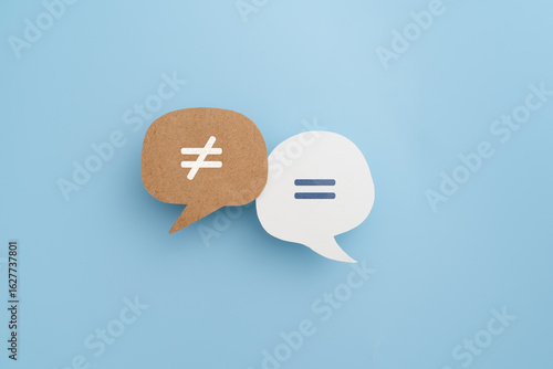 For equal and unequal , human rights, bias and personal mindset concept equal and unequal icon on real speech bubble paper cut on blue background
